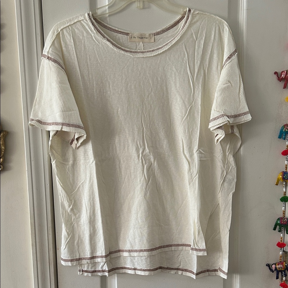 White T-Shirt with Brown Trim